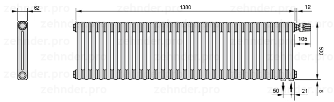 Схема (чертеж) Радиатор Zehnder Charleston 2050/30 №V002 Белый глянцевый RAL 9016